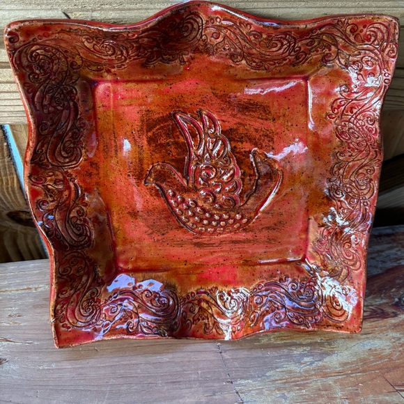 Accents | Red Square Ruffle Edge Bowl Flying Dove In Center By Vessels ...